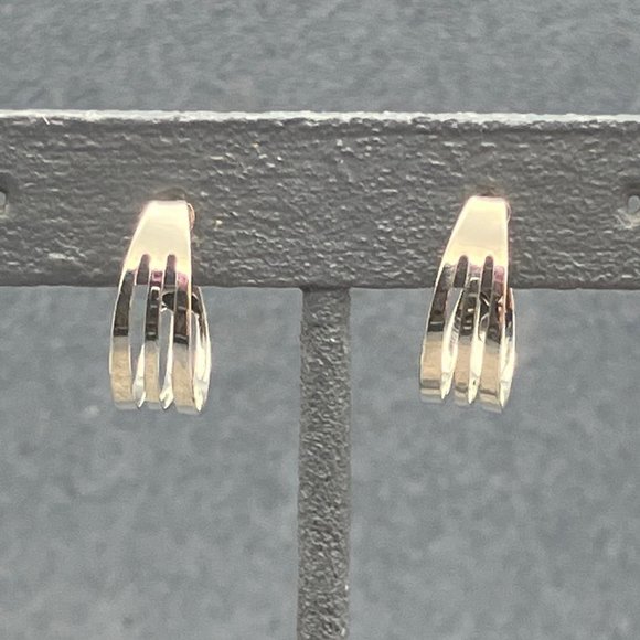 Hoop Pierced Earrings Silver Triple Shiny Simple Classic Retro Granny Soft Girl - Picture 3 of 6